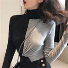Color-block Turtleneck Long-sleeve Slim-fit Top