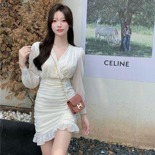 Long-sleeve V-neck Chiffon Mini Sheath Dress