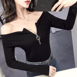 Off-shoulder Half Zip Long-sleeve Top