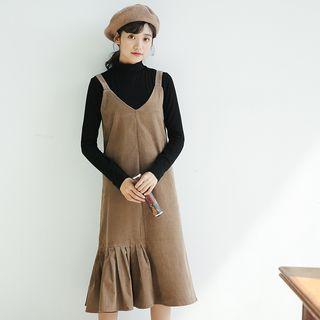 Corduroy Midi Ruffle-hem Jumper Dress