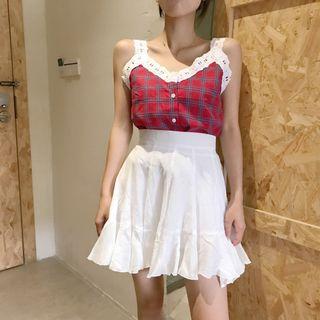 Set: Sleeveless Ruffled Check Top + Skirt