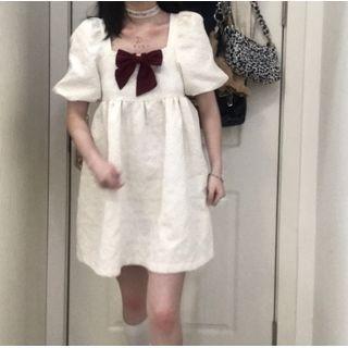 Puff-sleeve Square-neck Mini A-line Dress / Bow
