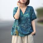 Printed Frog Buttoned Short-sleeve Blouse As Shown In Figure - One Size