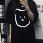 Bear Print Oversize Elbow-sleeve T-shirt Black - One Size