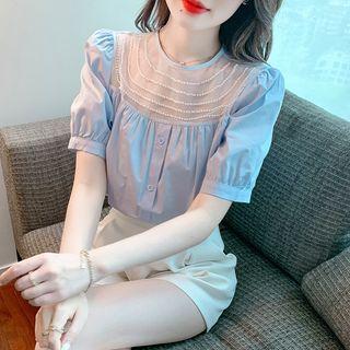Puff Sleeve Mesh Panel Beaded Blouse