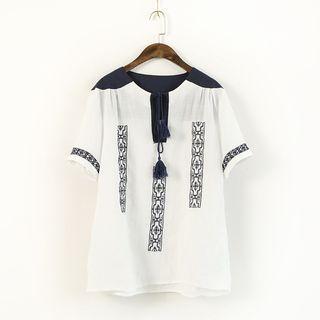 Tasseled Embroidered Linen Cotton Top