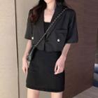 Elbow-sleeve Double-breasted Blazer / Spaghetti Strap Dress