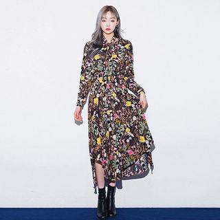 Dip-back Floral Chiffon Long Dress With Sash
