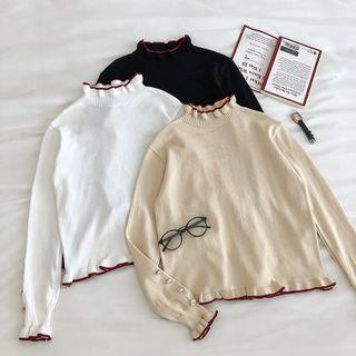 Color-block Ruffled-trim Mock-neck Long-sleeve Knit Top