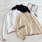 Color-block Ruffled-trim Mock-neck Long-sleeve Knit Top
