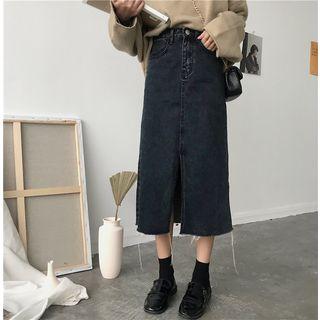 Slit-front High Waist Denim Skirt