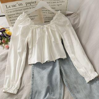 Boatneck Ruffled-trim Crop Top White - One Size