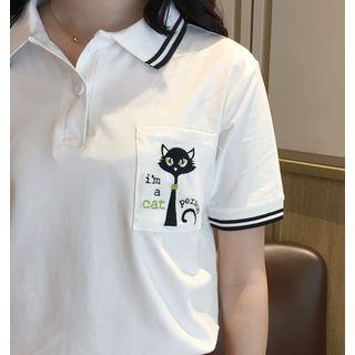 Embroidered Cat Short-sleeve Polo Shirt