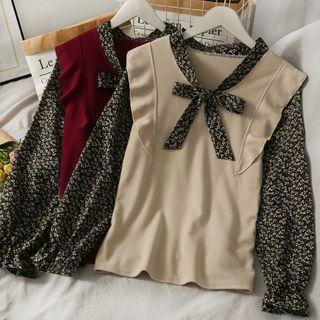 Patchwork Ribbon-neckline Floral Top In 5 Colors