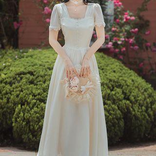 Short-sleeve Square-neck Lace Trim Maxi A-line Dress