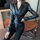 Long-sleeve Faux Leather Twisted Top