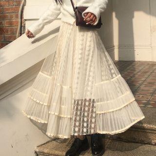 Lace Panel Midi A-line Chiffon Skirt