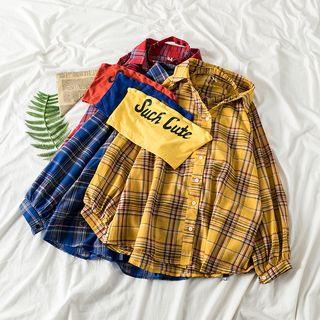 Set: Loose-fit Plaid Shirt + Lettering Tube Top