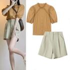 Short-sleeve Frill Trim Blouse / High Waist Dress Shorts