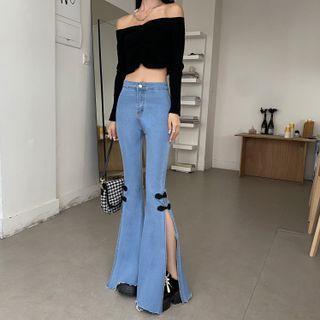 Frog-button High Waist Slit Bootcut Jeans
