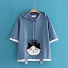 Cat Embroidered Hooded T-shirt