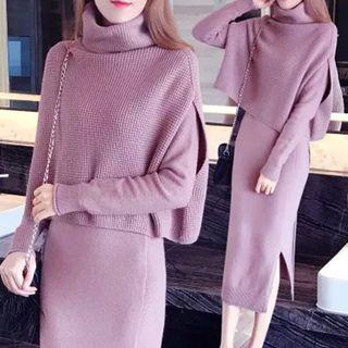 Set:turtleneck Sweater + Straight Cut Midi Knit Skirt