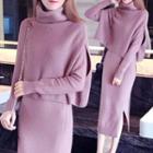 Set:turtleneck Sweater + Straight Cut Midi Knit Skirt