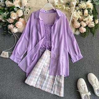Set: Long-sleeve Sheer Shirt + Spaghetti Strap Smocked Top + Plaid Mini A-line Skirt