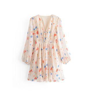 Floral Lace-up Mini A-line Dress