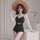 Long-sleeve Floral Embroidered Swimsuit