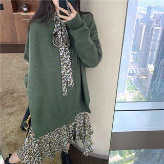 Floral Long-sleeve Dress / Plain Crew-neck Sweater