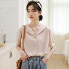 Plain Short-sleeve Chiffon Collared Blouse