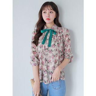 Long-sleeve Floral Pattern Blouse With Ribbon