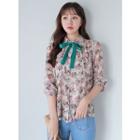 Long-sleeve Floral Pattern Blouse With Ribbon