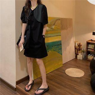 Short-sleeve Mock Two-piece Pocket Dress Black - One Size