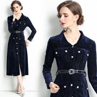 Slit-hem Midi A-line Velour Shirtdress