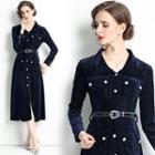 Slit-hem Midi A-line Velour Shirtdress