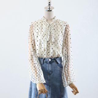 Tie-neck Dotted Blouse / Midi A-line Denim Skirt