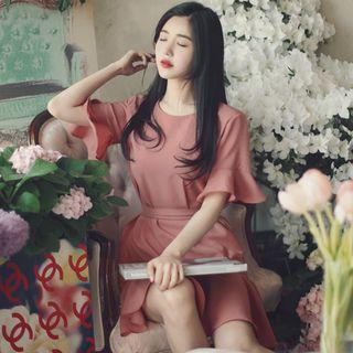 Plain Ruffle Trim Short Sleeve A-line Dress