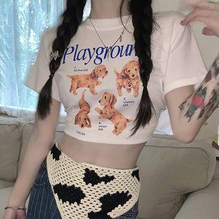 Short-sleeve Dog Print Crop T-shirt
