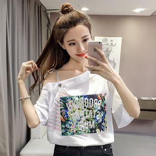 Asymmetric Shoulder Printed T-shirt