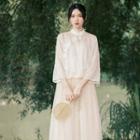 Mandarin Collar Blouse / Camisole Top / Midi A-line Skirt / Set