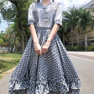 Set: Floral Plaid Panel Short-sleeve Blouse + Midi A-line Jumper Skirt