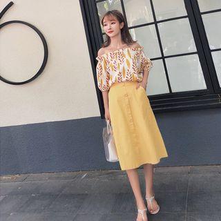 Set: Leaf Print Off-shoulder Top + Buttoned A-line Skirt