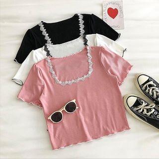 Plain Square-neck Lace Short-sleeve Knit Top
