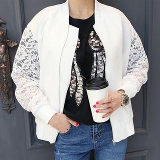 Lace-sleeve Zip-up Jacket