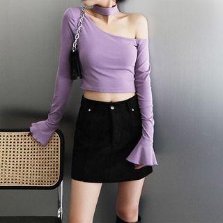 Bell-sleeve Off-shoulder Knit Crop Top