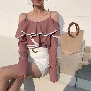 Contrast Trim Off-shoulder Long-sleeve Top