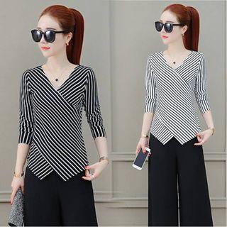Striped 3/4-sleeve Asymmetric Top