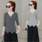 Striped 3/4-sleeve Asymmetric Top